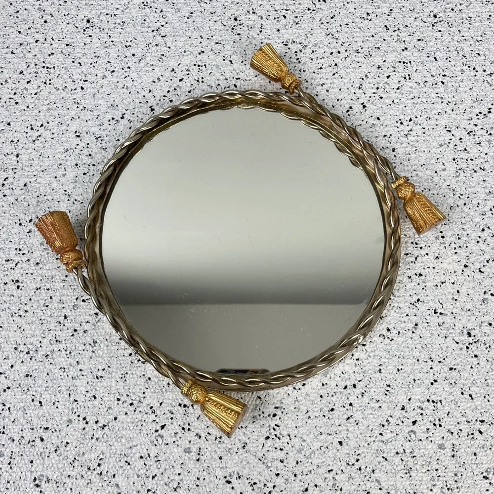 Vintage Hollywood Regency Round Mirror‎ Vanity Tray Rope Gold Tassel Handles 8
